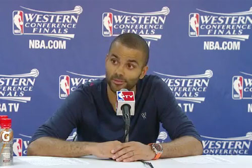 Photo shows San Antonio point guard Tony Parker  in an interview with the press after they defeated the Memphis Grizzlies in gami of the Western Conference finals on May 21, 2013.