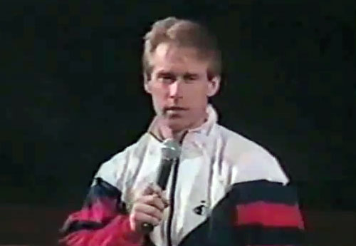 Photo shows Olympic gold medal gymnast, Bart Conner, speaking at Oklahoma Sports Hall of Fame induction .