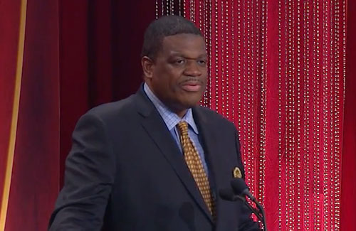 Photo shows former New York Knicks and Washington Bullets  forward, Bernard King, delivering his Hall of Fame speech after being inducted into the Naismith Memorial Basketball Hall of Fame on September 8, 2013. 