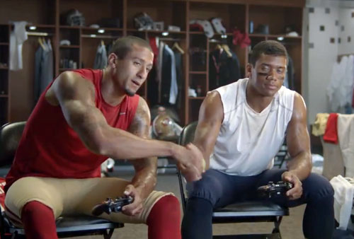 Photo shows 49ersw QB, Colin Kaepernick, shaking hands with Seahawks QB, Russell Wilson, in a wager where the loser promises to shave one eyebrow when the two teams meet in week two