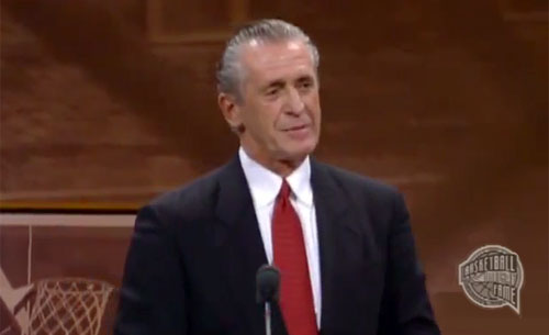 Photo shows Pat Riley delivering his 2008 speech upon being enshrined to the Naismith Memorial Basketball Hall of Fame. Riley has earned the title of “America’s Greatest Motivational Speaker.”