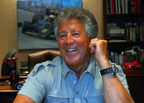 Photo shows Mario Andretti during an interview in Nazareth, PA before the 100th Indy 500.