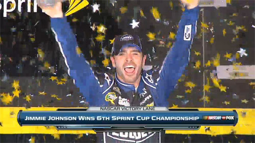 Photo shows Jimmie Johnson winning his sixthe NASCAR Championship on Sunday, November 17, 2013 in Florida.