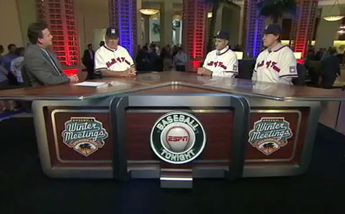 Photo shows former baseball mangers, Bobby Cox, Joe Torre & Tony LaRussa speaking to ESPN after they were elected to the Baseball hall of Fame on December 9, 2013.