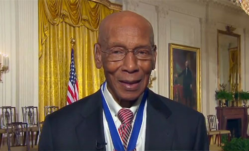 Photo shows Mr. Cub' Hall of Famer Ernie Banks speaking with CNN November 2013 shortly after receiving the Presidential Medal of Freedom.