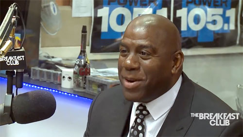 Photo shows magic Johnson speaking n Feb 2014 with the Breakfast Club Power.