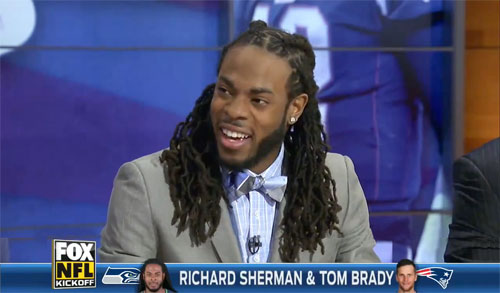 Photo shows Richard Sherman speaking with Fox Sports about Tom Brady in 2013.