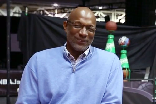 Photo shows Clyde Drexler speaking about his Mt Rushmore picks with Complex News Feb. 2014.